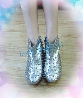   Womens Ladies Glitter Spike Studded Low Heel Ankle Snow Boots &L42