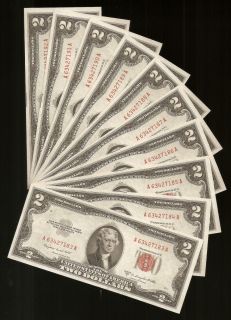 10 Consecutive 1953 B $2 Red Seal United States Notes Gem Uncirculated 