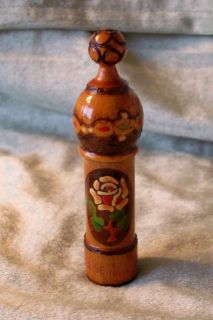 Vintage Bulgaria Pyrographic Painted Wood Perfume Case with Glass 