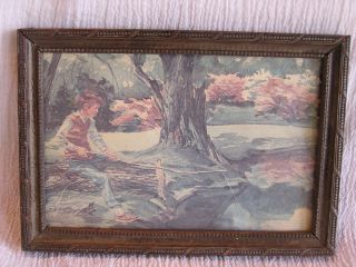 Vintage Print Picture Boy Fishing from Antique Calendar Carved Wood 
