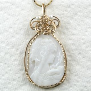   Pearl Shell Fairy Cameo Pendant 14k Yellow Rolled Gold Jewelry