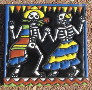 Day of The Dead 4 x 4 Mexico Pottery Tile MI Amor Catarina Blue 