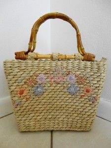 Cappelli Straw Basket Woven Handbag Purse Floral Bamboo Handles Spring 