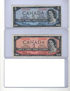 1954 CANADIAN PAPER MONEY 5 DOLLAR 2 DOLLAR BILLS 7 00 FACE VALUE