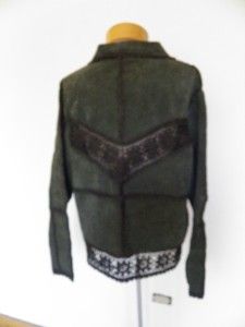 Vtg Black Leather Crochet Patchwork Cardigan Jacket L Hippie Boho 