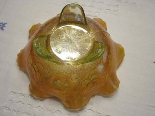 Vintage Carnival Glass Lime Green Opal Dragon and Lotus bowl