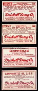   DRISKELL Drug Store POISON+ MEDICINE Bottle Label Carrollton Kentucky