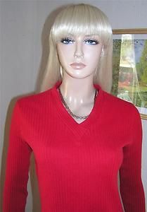 Carolyn Taylor Red Cotton Blend Ribbed Knit V Neck Long Sleeve Sweater 