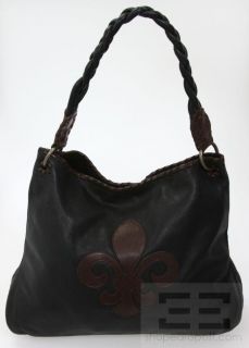 Carla Mancini Black and Brown Leather Fleur de Lis Whipstitched 