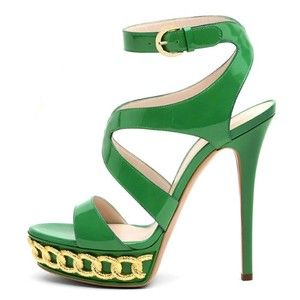 Casadei Green Patent Leather Shoes with Gold Chain Detail Size 35 