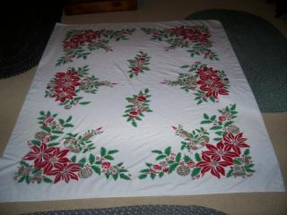 Beautiful Vintage Linen Christmas Tablecloth   Bells/ Candles