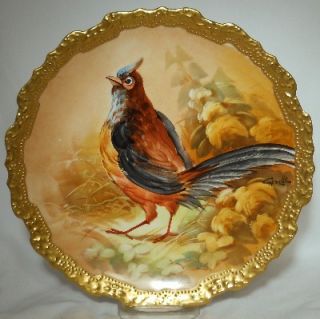   France Gold Encrusted Pheasant Plate 10 1 4 Signed Carville