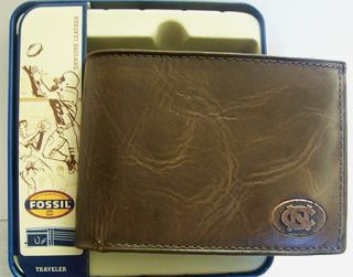 UNC North Carolina Tarheels Fossil Wallet Traveler Brown Leather 