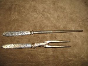   Ornate Knife Sharpener 2 PC Set Silver Plate Meat Carving Fork