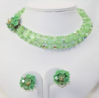 Vintage Signed Hattie Carnegie Green Satin Glass Bead Necklace Earring 