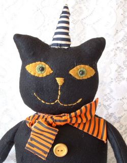   Folk Art Halloween Black Cat in Stripe Hat Felt Figure LG