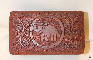 New Carved Wood Elephant in Circle Jewelry Storage Trinket Gift Box 