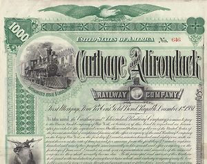 1892 Carthage and Adirondack Railroad Bond Signed by Chauncey Depew NY 