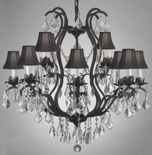   WROUGHT IRON & CRYSTAL CHANDELIERS 12 LIGHTS FIXTURE BLACK SHADES