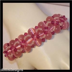 swarovski pink catseye raw woven beaded bracelet