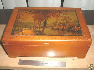 Vintage Hinged Cedar Box w Autumn River Scene on Cover
