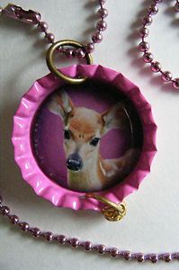 DEER NECKLACE PINK bottlecap PENDANT w 24 raspberry colored ball chain