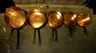 Vintage French Solid Copper Pan 5 Saucepan Set 5kg 2mmThick Hammered 