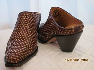 Charlie 1 Horse by Lucchese leather brown and tan woven slides mules 