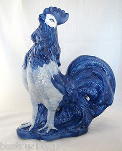 Beautiful Large Blue Cobalt Rooster Ceramic Decorative Figurine 11H x 