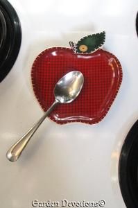 Ceramic Apple Spoon Rest Plaid Button Accent Bright Cheery