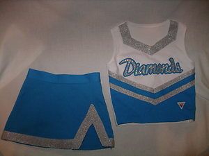   Aqua Blue White Silver DIAMONDS Cheerleader Skirt Top Uniform GIRLS 8