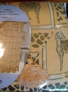 Gold Full Bodied Zebra Leopard Jacquard Shower Curtain Tassel Valance 