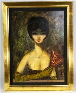 Charles Levier 1960s Oil Painting Portrait of Sexy Femme with Red Fan 