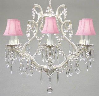  White Wrought Iron and Crystal Chandeliers 6 Lights Pinkshades