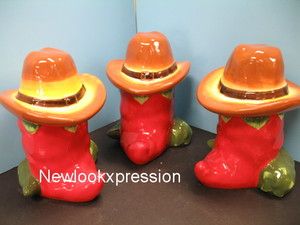RED WESTERN 3D CHILI pepper canister set CHILLY decor Storage Kitchen 