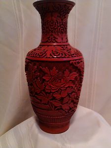 Chinese Red Cinnabar Lacquer Vase W/ Brass Mold 1920   1940
