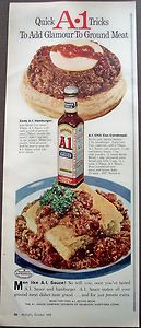   1958 Food Ad A1 Sauce on Hamburger Chili Corn Cornbread Recipe