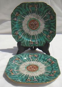 AH Chow Factory 2 Square Porcelain Green Decorated Plates