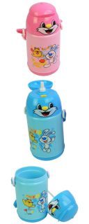 Cartoon Kids Vacuum Cup Thermos Drink Bottle with Straw Lanyard 