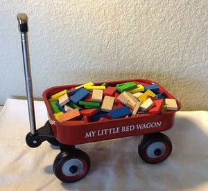 MY LITTLE RED WAGON WITH WAGON FULL WOOD CHILDRENS BLOCKS EXCELLENT 