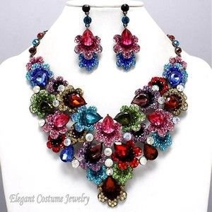   Multicolor Crystal Chunky Necklace Set Elegant Costume Jewelry