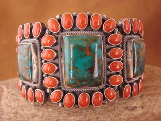   Indian Large Sterling Silver Turquoise & Coral Bracelet by Kirk Smith