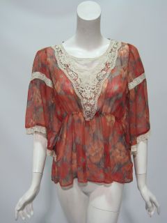 Free People Womens Daydreamer Red Combo Lace Chiffon Peasant Top $104