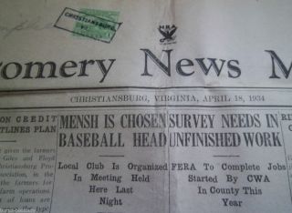 1934 MONTGOMERY NEWS MESSENGER CHRISTIANSBURG VIRGINIA NewsPaper