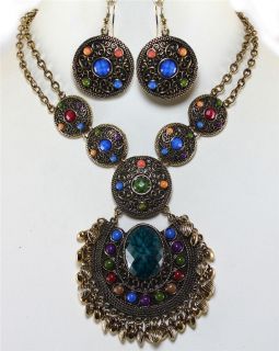 Chunky Vintage Tribal Multi Color Dangle Heart Gold Necklace Set