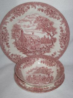 China Dishes Church Hill Pink Cottages England 3pc