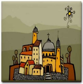 Old Country Town Church Illustration Ceramic Tile