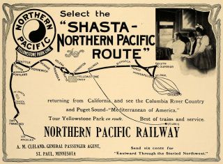  Shasta Northern Pacific Railway Route Cleland   ORIGINAL ADVERTISING