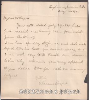 ALCAEUS HOOPER Baltimore Mayor Letter 1898 Keyser