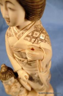 Fine Old Japanese Carved Ox Bone Woman Child Sculpture Figurine Signed